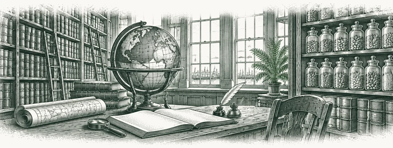 Engraved panorama of a merchant's library with shelves of ledgers, a globe, sample jars of grain and a writing desk