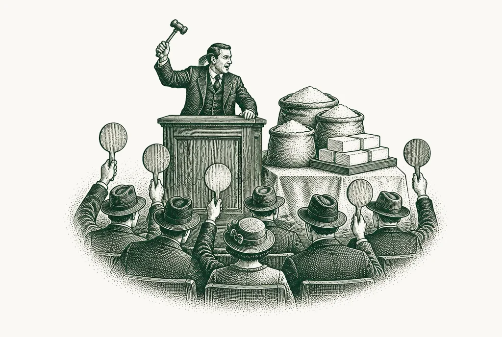 Engraving of an auctioneer with a raised gavel and bidders holding up paddles