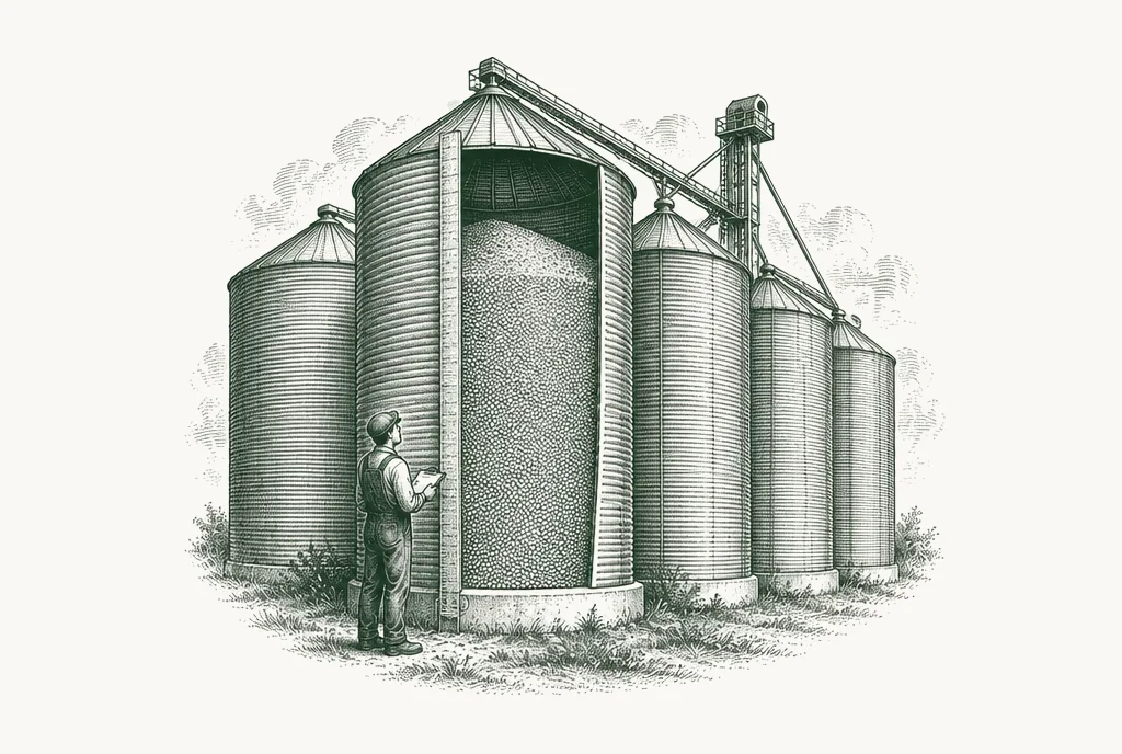 Engraving of grain silos, one cut away to show the grain level, with a measuring rod