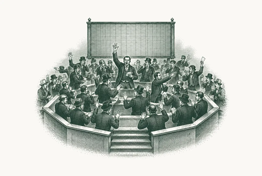 Engraving of a crowded futures trading pit with traders signalling