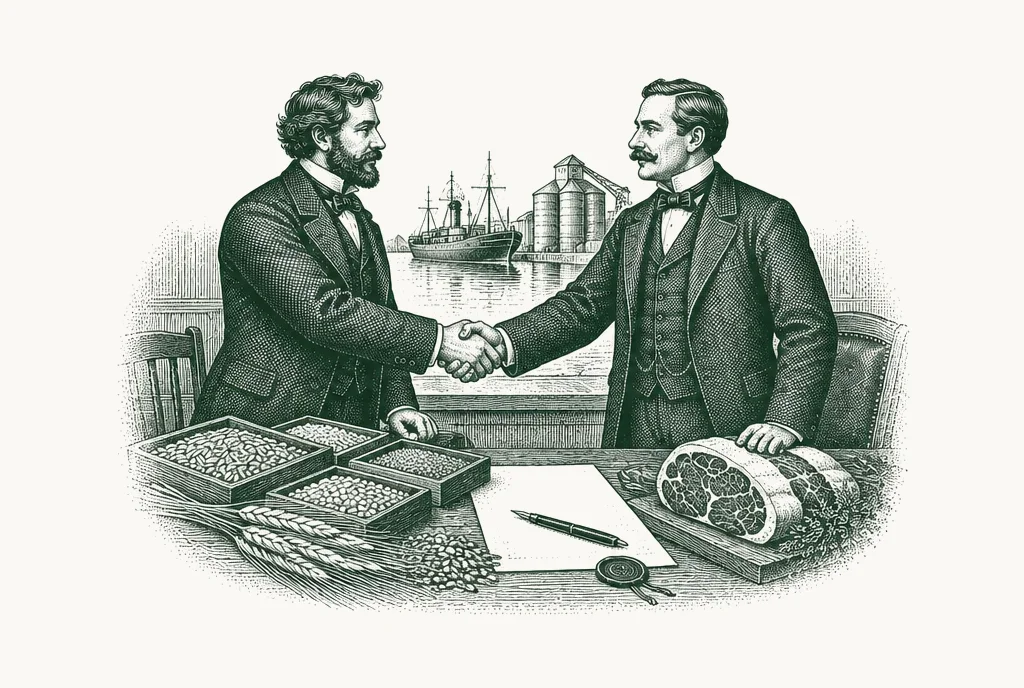 Engraving of two merchants shaking hands over grain samples and a blank contract