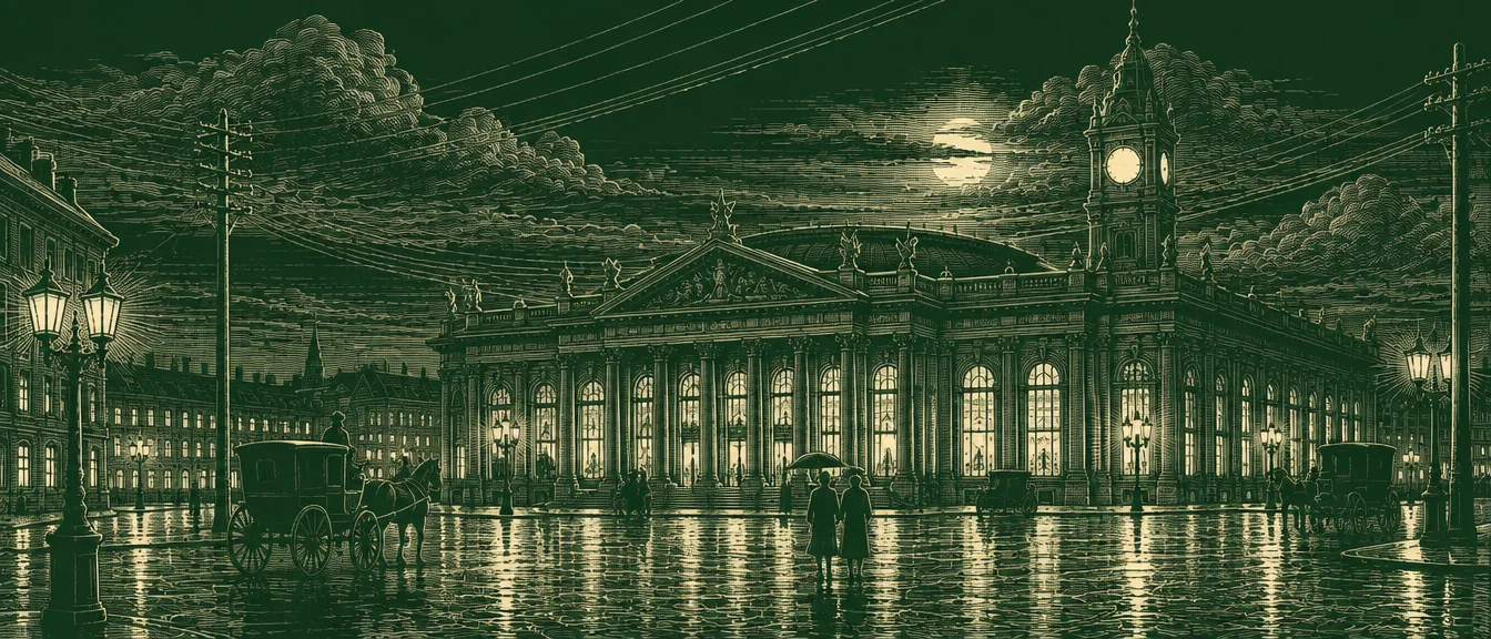 White-line engraving of a grand exchange building at night, its clock tower glowing over a rain-wet square