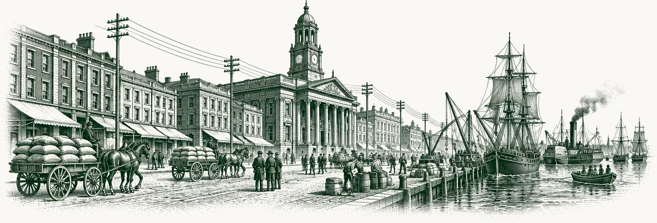 Engraved panorama of a 19th-century harbour district with grain carts, merchants' offices, a columned exchange with a clock tower, and ships at the quay