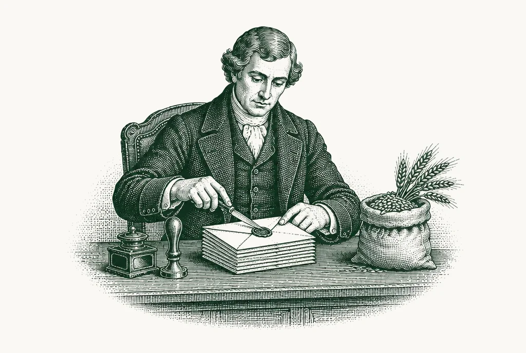 Engraving of an official opening sealed envelopes at a desk beside a bag of wheat