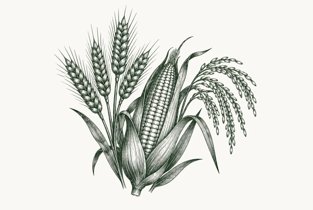 Engraving of wheat ears, a corn cob and a sprig of rice