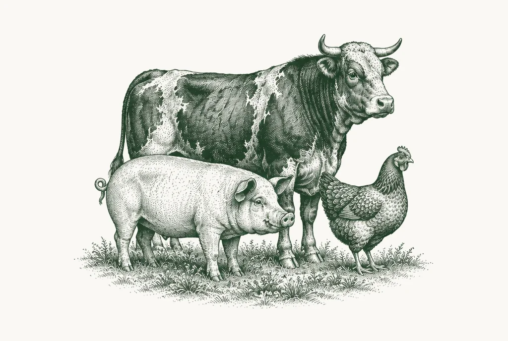 Engraving of a bullock, a pig and a hen