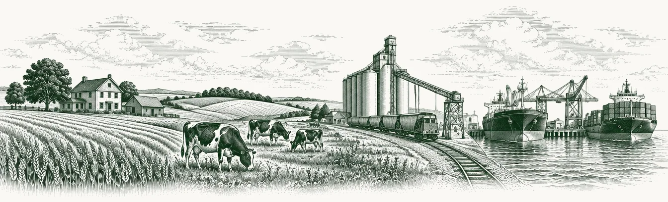 Engraved panorama from wheat fields and grazing cattle to a grain elevator, a railway and a harbour with a bulk carrier and a container ship