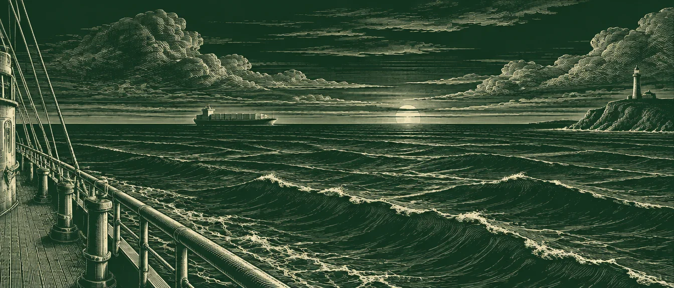 White-line engraving of the open ocean from a ship's deck, with a container ship on the horizon and a lighthouse on a headland