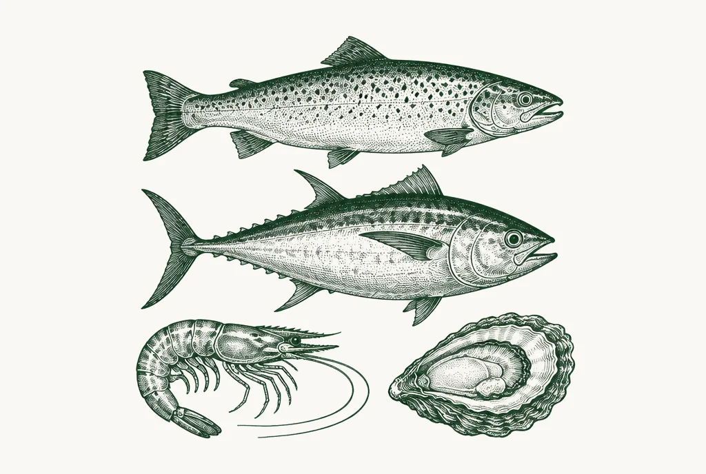 Engraving of a salmon, a tuna, a shrimp and an oyster