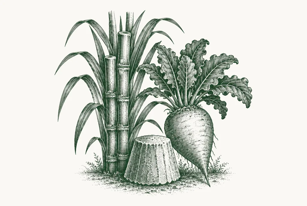 Engraving of sugar cane, a sugar beet and a sugar loaf