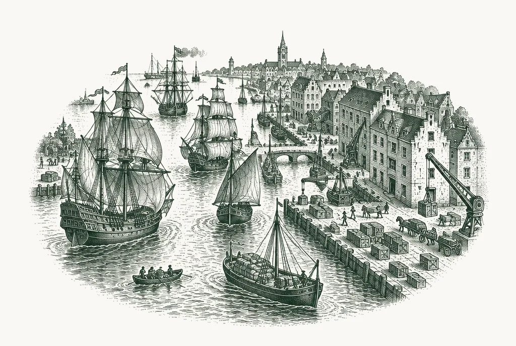 Engraving of a busy harbour with canals, warehouses, cranes and converging ships
