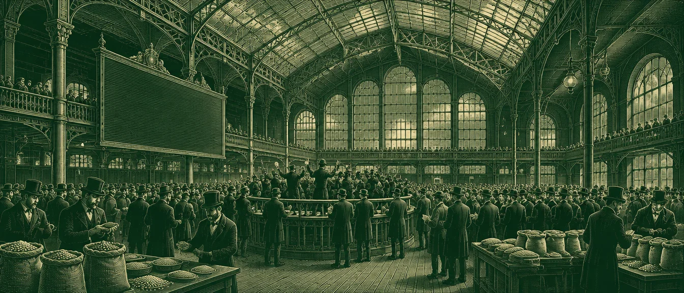 White-line engraving of a grand commodity exchange hall with an iron and glass roof and crowds of traders