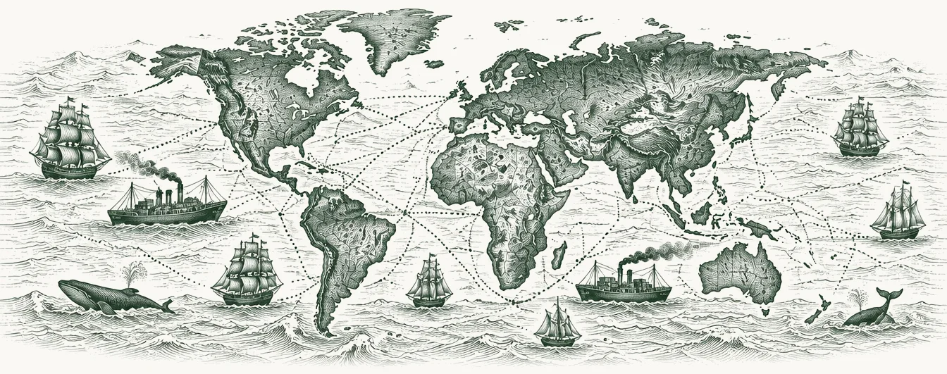 Engraved antique-style world map with ships crossing the oceans along dotted sea routes