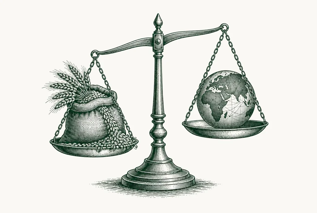 Engraving of a balance scale with a sack of grain on one side and a globe on the other