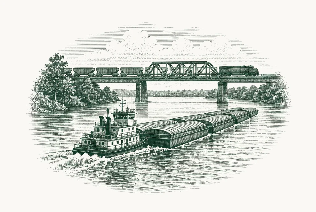 Engraving of a towboat pushing grain barges down a river, with a freight train crossing a bridge