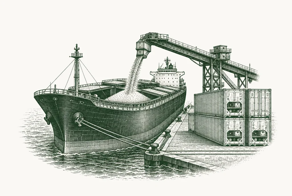 Engraving of a bulk carrier being filled with grain beside a stack of refrigerated containers
