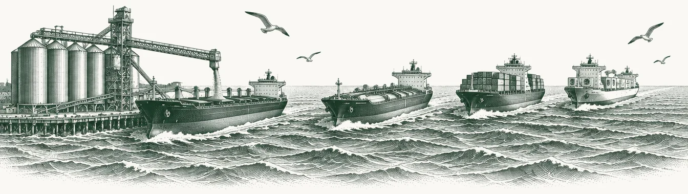 Engraved seascape from a grain terminal loading a bulk carrier to a line of tankers and container ships heading for the horizon