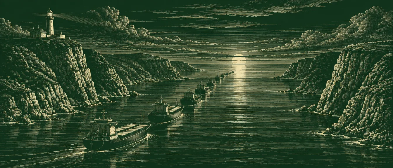 White-line engraving of a narrow strait at dusk, with cliffs on both sides and a line of cargo ships passing through