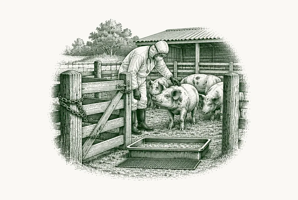 Engraving of a veterinarian in protective clothing inspecting pigs behind a chained gate