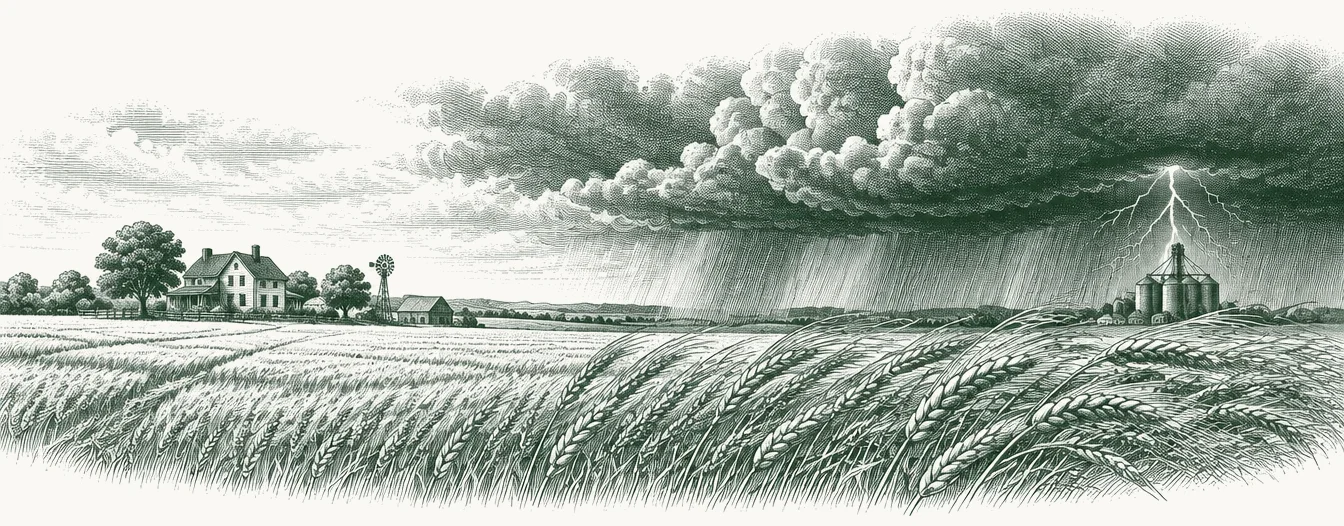 Engraved panorama of wheat fields in calm light giving way to a storm with lightning over distant silos