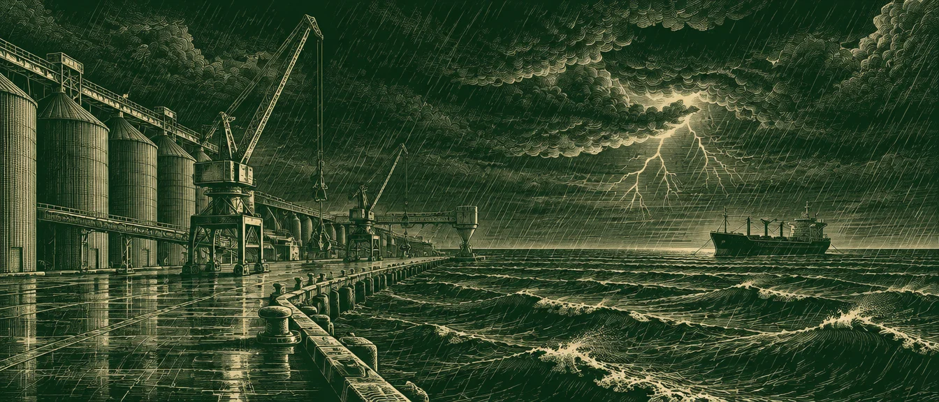 White-line engraving of an idle grain port at night in a storm, with a single ship waiting offshore