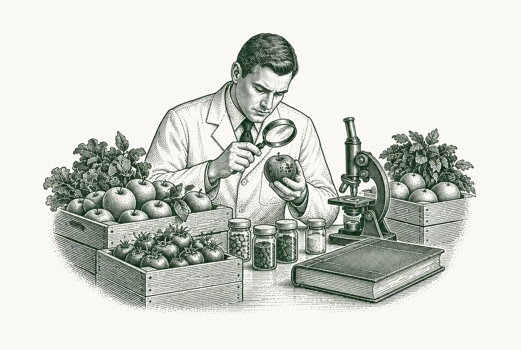 Engraving of an inspector examining fruit with a magnifying glass beside a microscope and sample jars