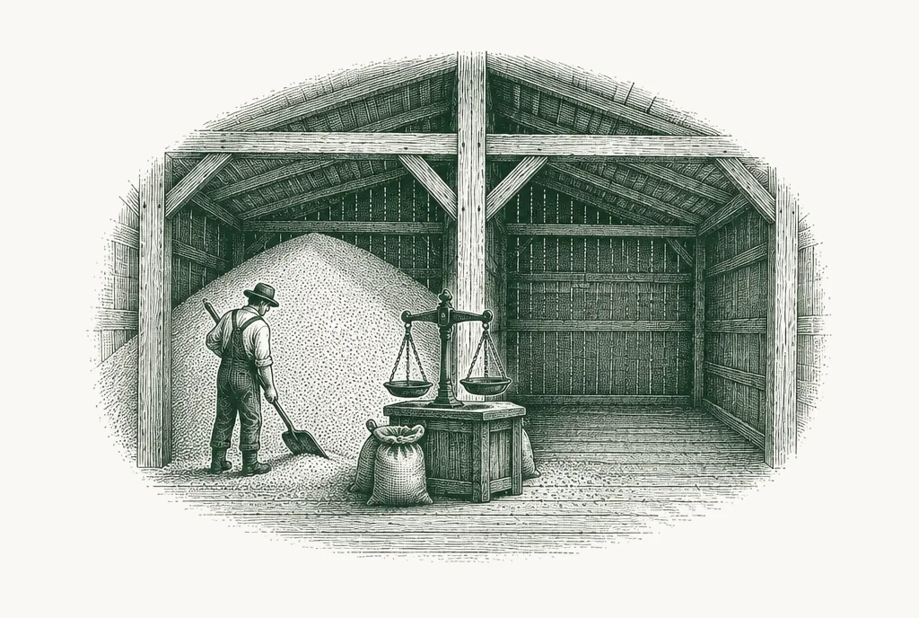 Engraving of a grain warehouse with one bay full and the next almost empty
