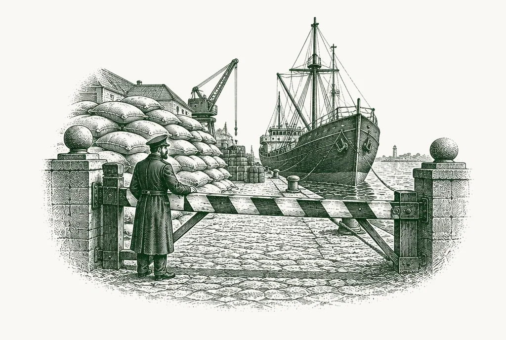 Engraving of a closed port barrier with grain sacks stacked behind and a ship waiting