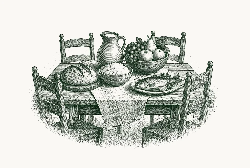 Engraving of a kitchen table laid for a family meal
