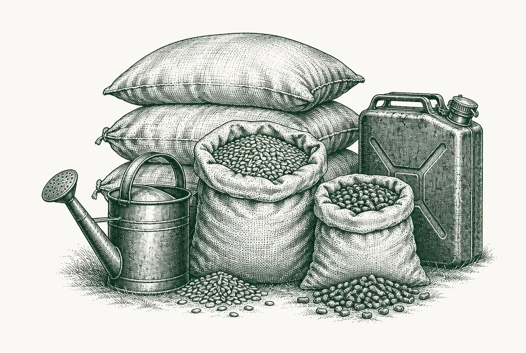Engraving of fertiliser sacks, seed, a watering can and a fuel can