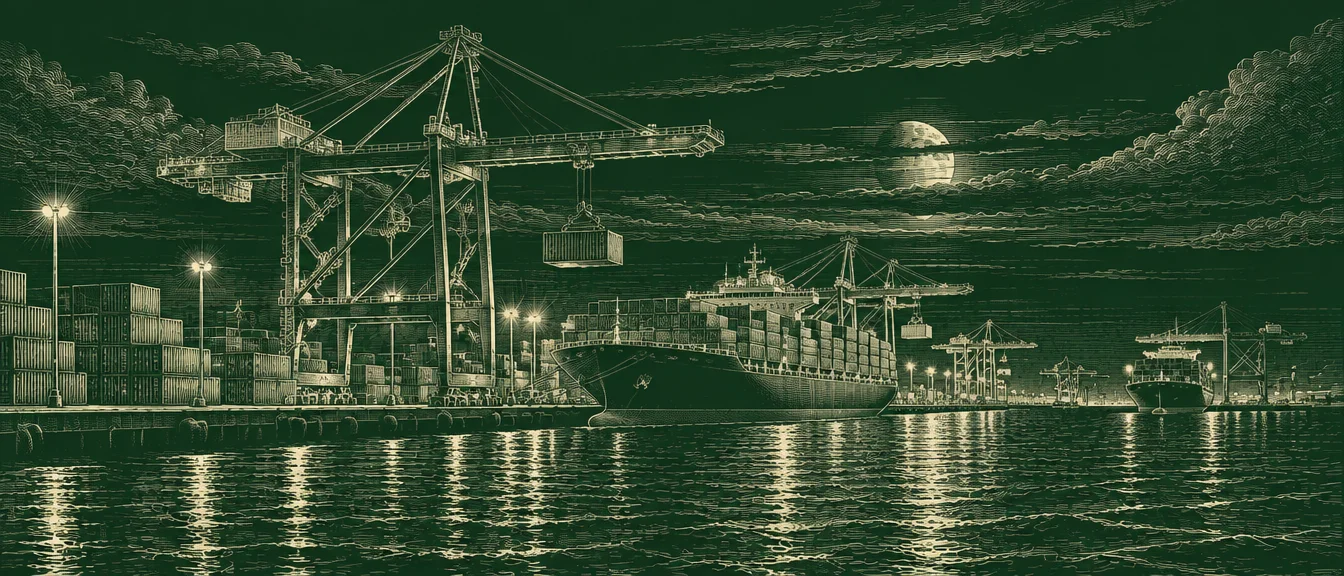 White-line engraving of a container port at night, with gantry cranes loading a ship and lamps reflected in the water