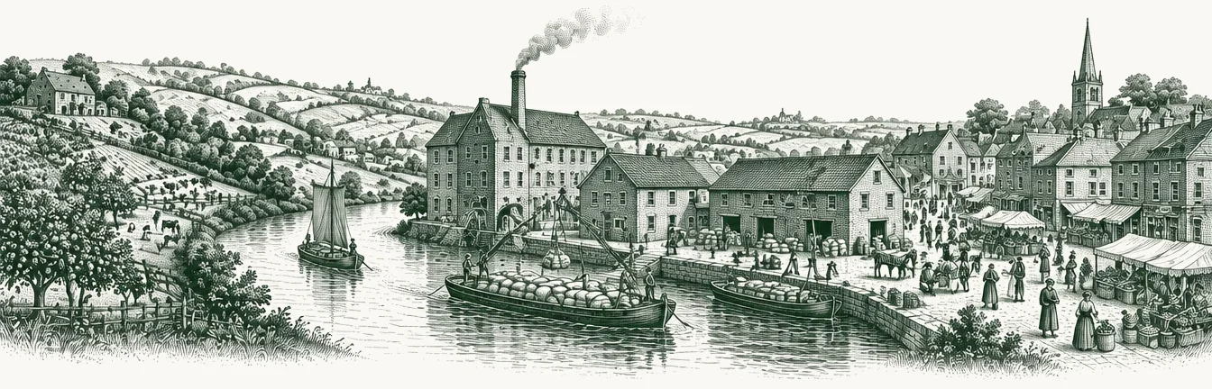 Engraved panorama of a river valley: farms and orchards, a flour mill, a quay with barges being loaded, and a busy market square