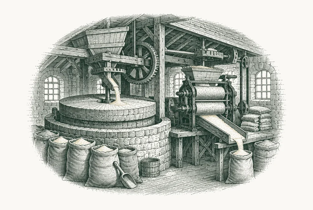 Cutaway engraving of a flour mill with millstones, rollers and sacks of flour