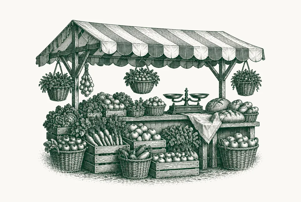 Engraving of a covered market stall with crates of produce, bread and weighing scales