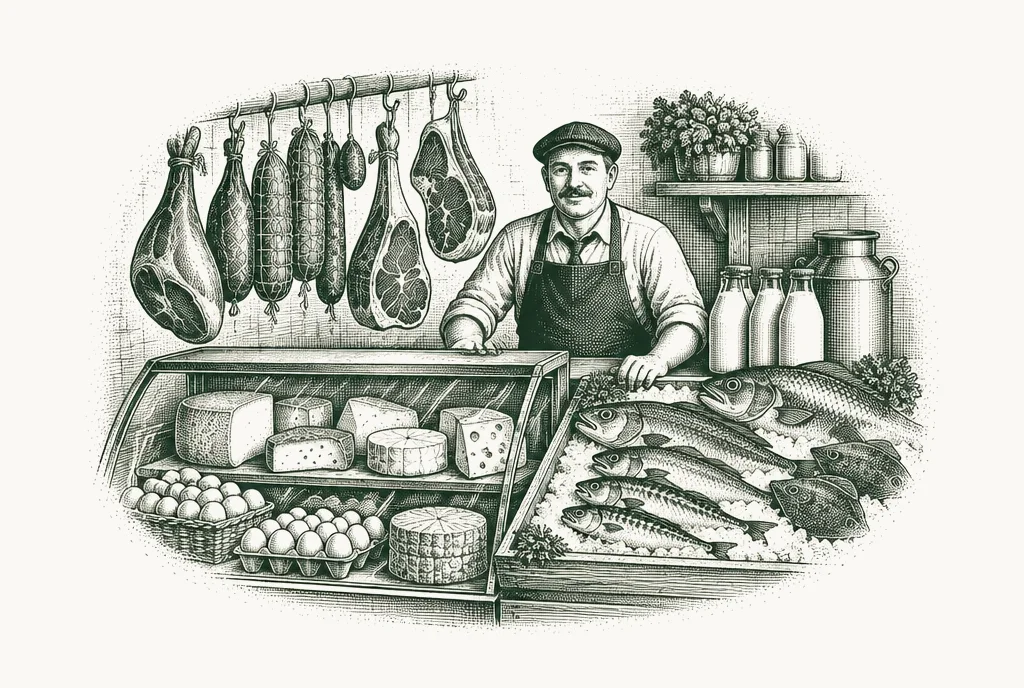 Engraving of a food shop counter with hanging meat, cheeses, eggs, fish and milk