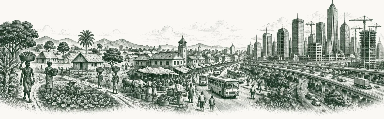 Engraved panorama from a farming village through a market town to a modern city skyline of towers and highways