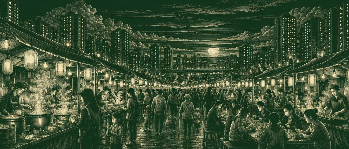 White-line engraving of a crowded night food market lit by lanterns, with apartment towers behind