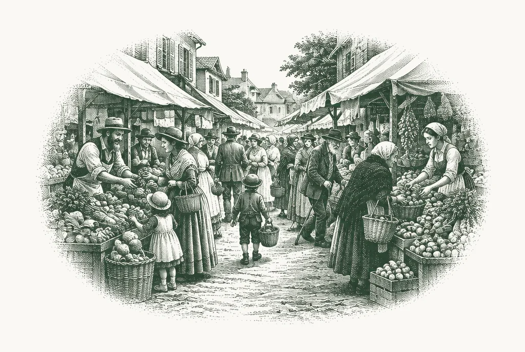 Engraving of a crowded open-air food market street with shoppers of all ages
